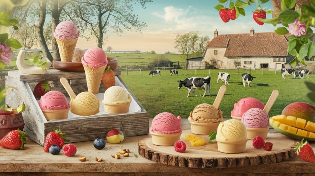 Glace à la ferme artisanale servie avec fruits frais et cornets dans un cadre rural