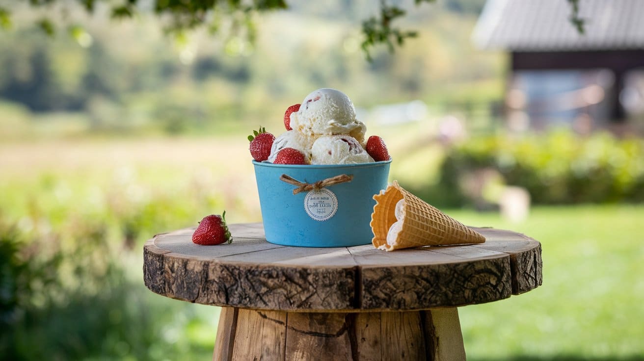 Glace de la ferme artisanale à la vanille et fraises fraîches